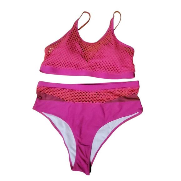 Plus Size Fishnet High Waist Bikini Set Hot Pink - Picture 3 of 11